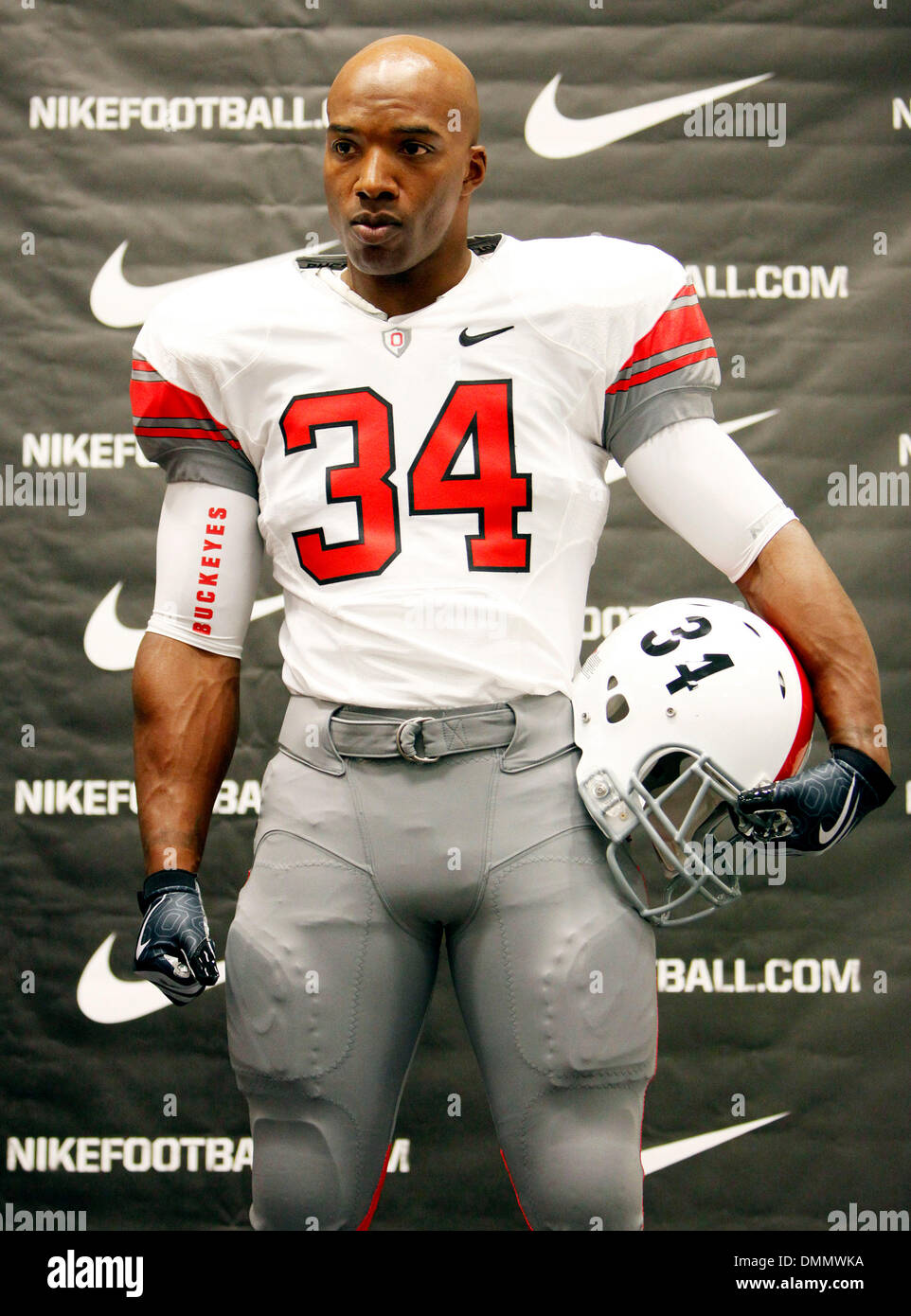 Nov 16, 2009 - Columbus, Ohio, USA - Former Ohio State running back RAYMONT  HARRIS wears the Buckeye's new Nike Pro Uniform was on display at Ohio  Stadium during a press conference