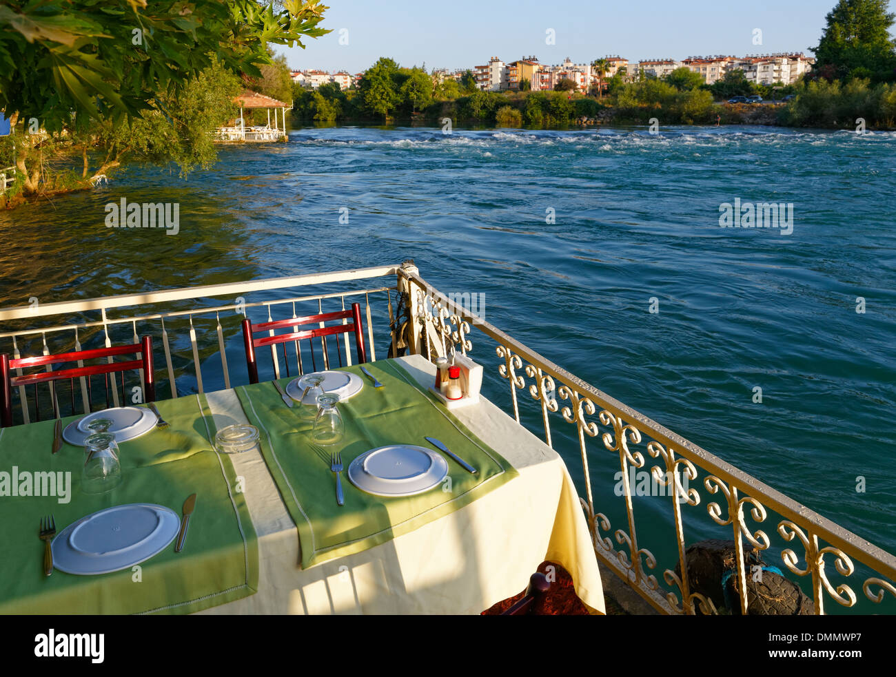 Turkey, Antalya Province, Kuecuek Selale, waterfall and restaurant at Manavgat river Stock Photo