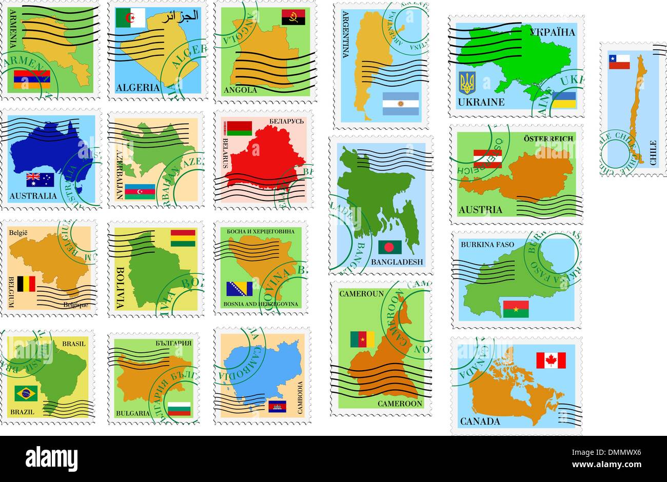 set of the stamps with different countries Stock Vector