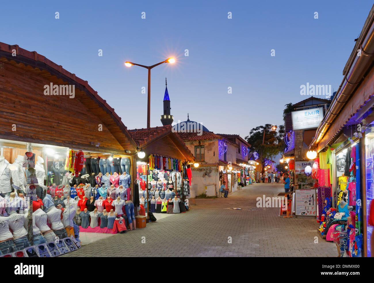 Turkey, Side, Shops in the old town at dusk Stock Photo