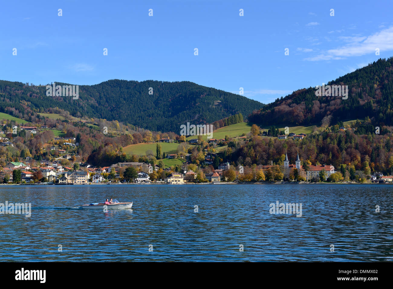 Germany, Bavaria, Upper Bavaria, lake Tegernsee and village, boat Stock Photo