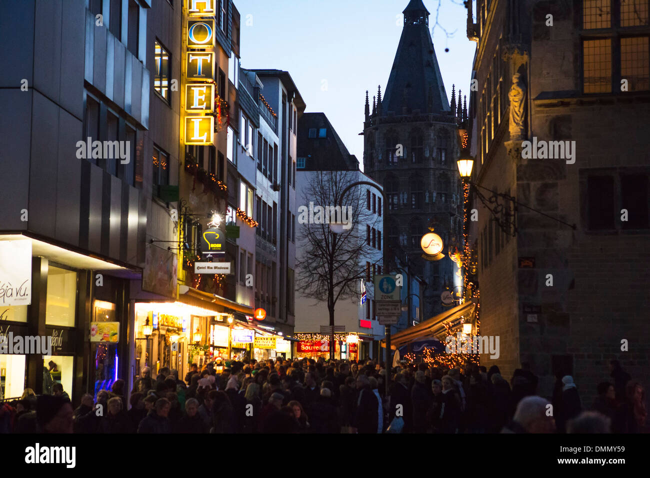 Busy crowded shopping street in december during Christmas time Stock Photo