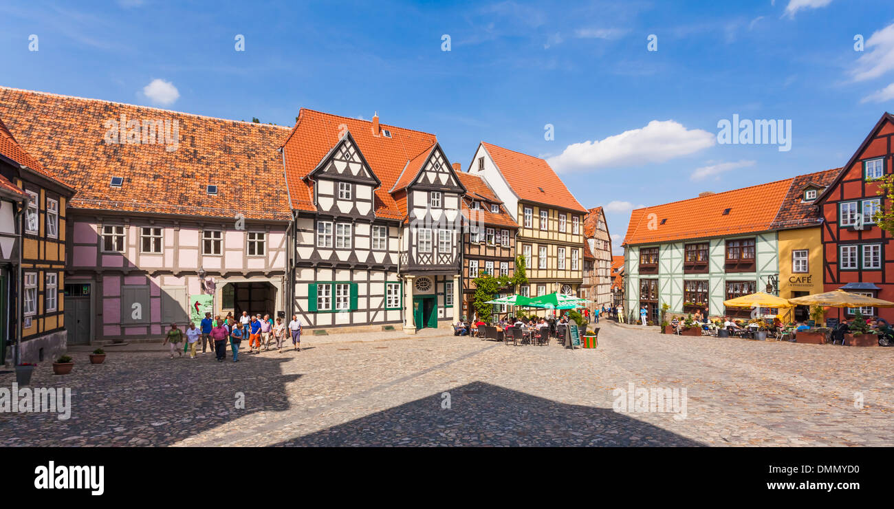 Germany, Saxony-Anhalt, Quedlinburg, Timber-framed houses at Schlossberg with Klopstockhaus Stock Photo