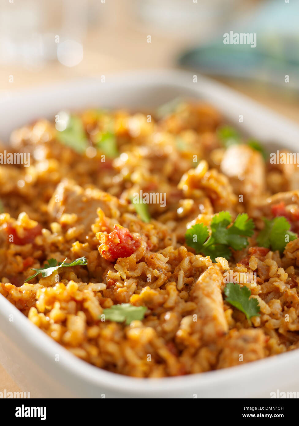 chicken jambalaya, brown basmati rice, baking dish Stock Photo Alamy