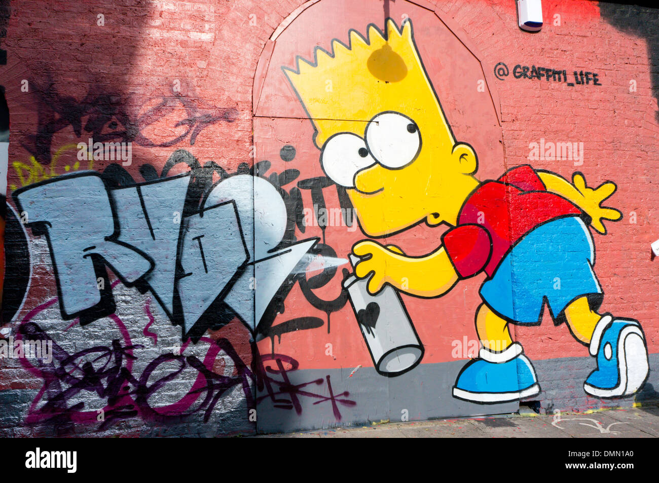 A graffiti of Bart Simpson by Graffiti Life in Whitechapel, London. Stock Photo