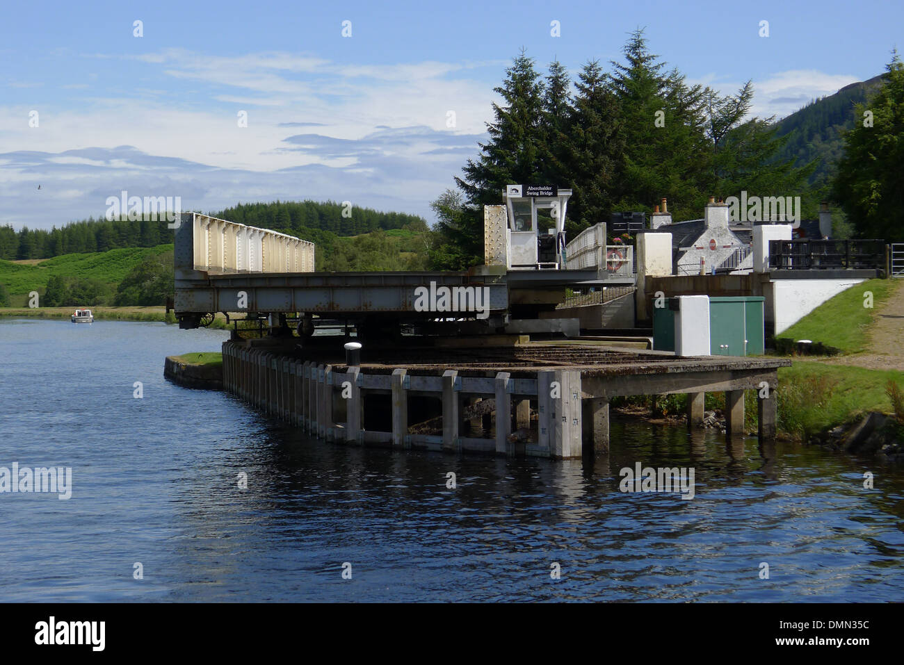 Caledonian Canal Scotland Abercalder Swing Bridge Boat Stock