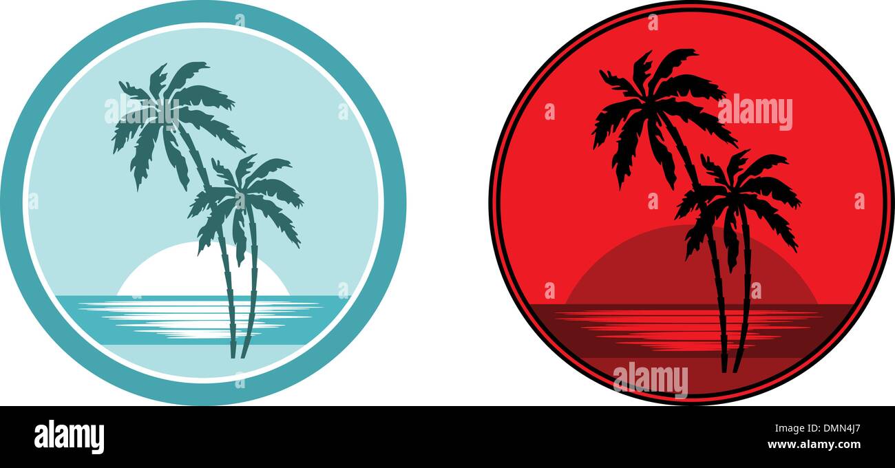 Tropical beach with palm trees. Emblem. Stock Vector