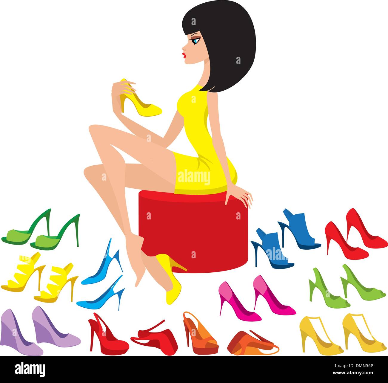 Young woman tries on shoes Stock Vector