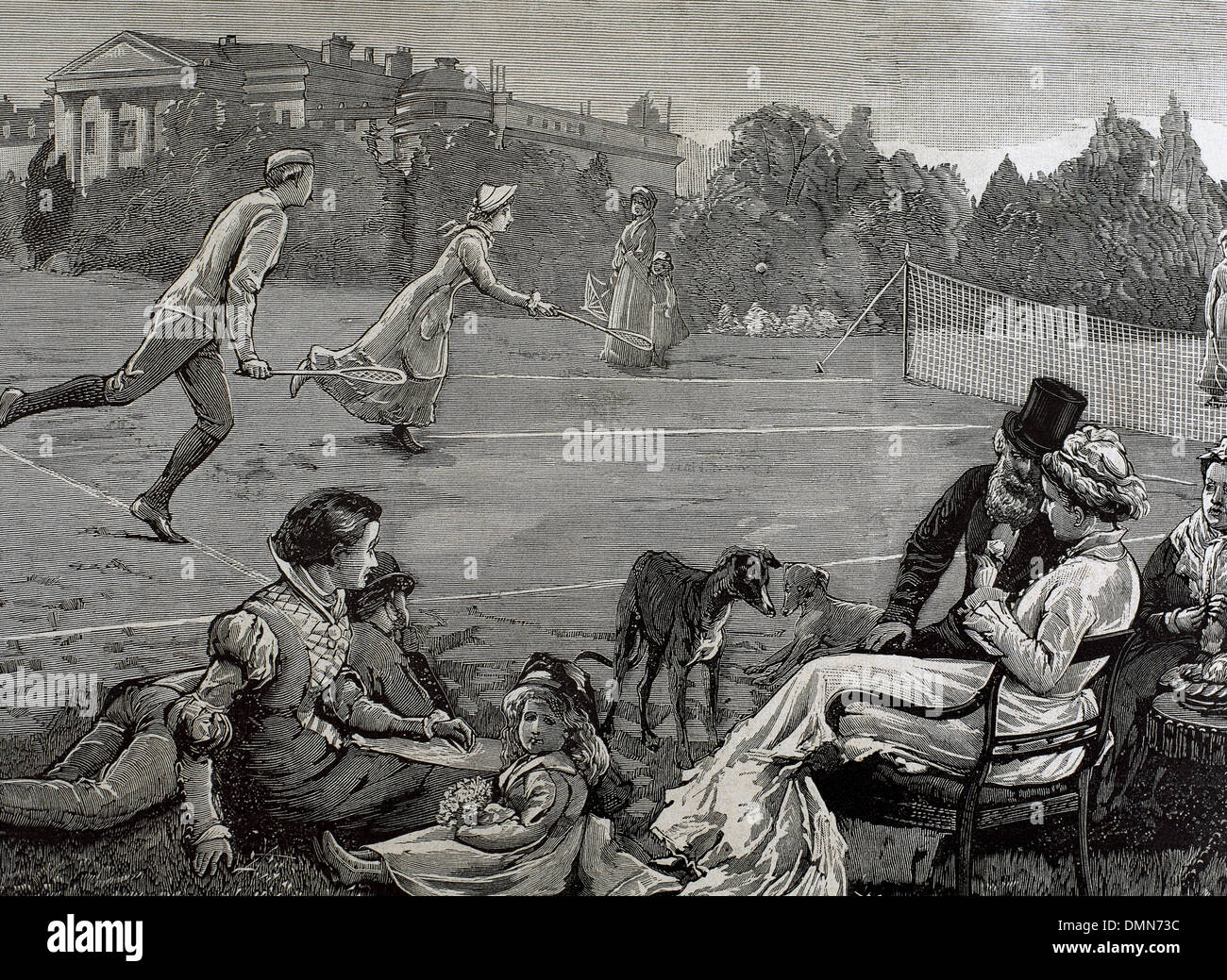 England. Birmingham. 19th century. Lawn tennis. Engraving by Rico, 'La Ilustracion Espanola y Americana', 1880. Stock Photo