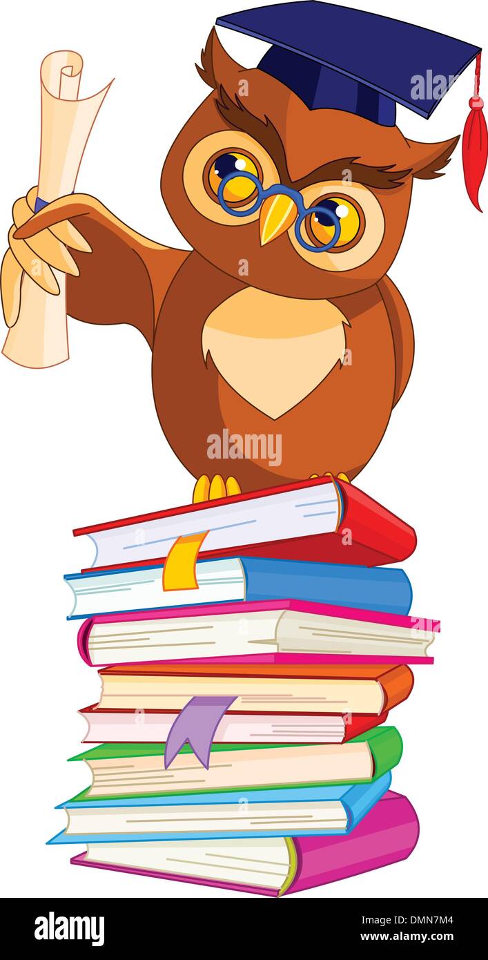 Cartoon Wise Owl with graduation cap and diploma Stock Vector