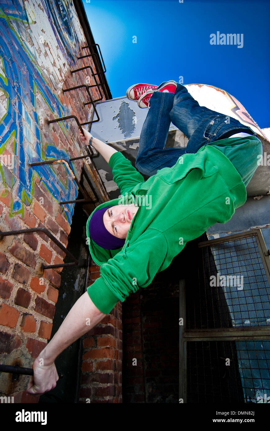 Breakdancer on a wall, Hip Hop Stock Photo