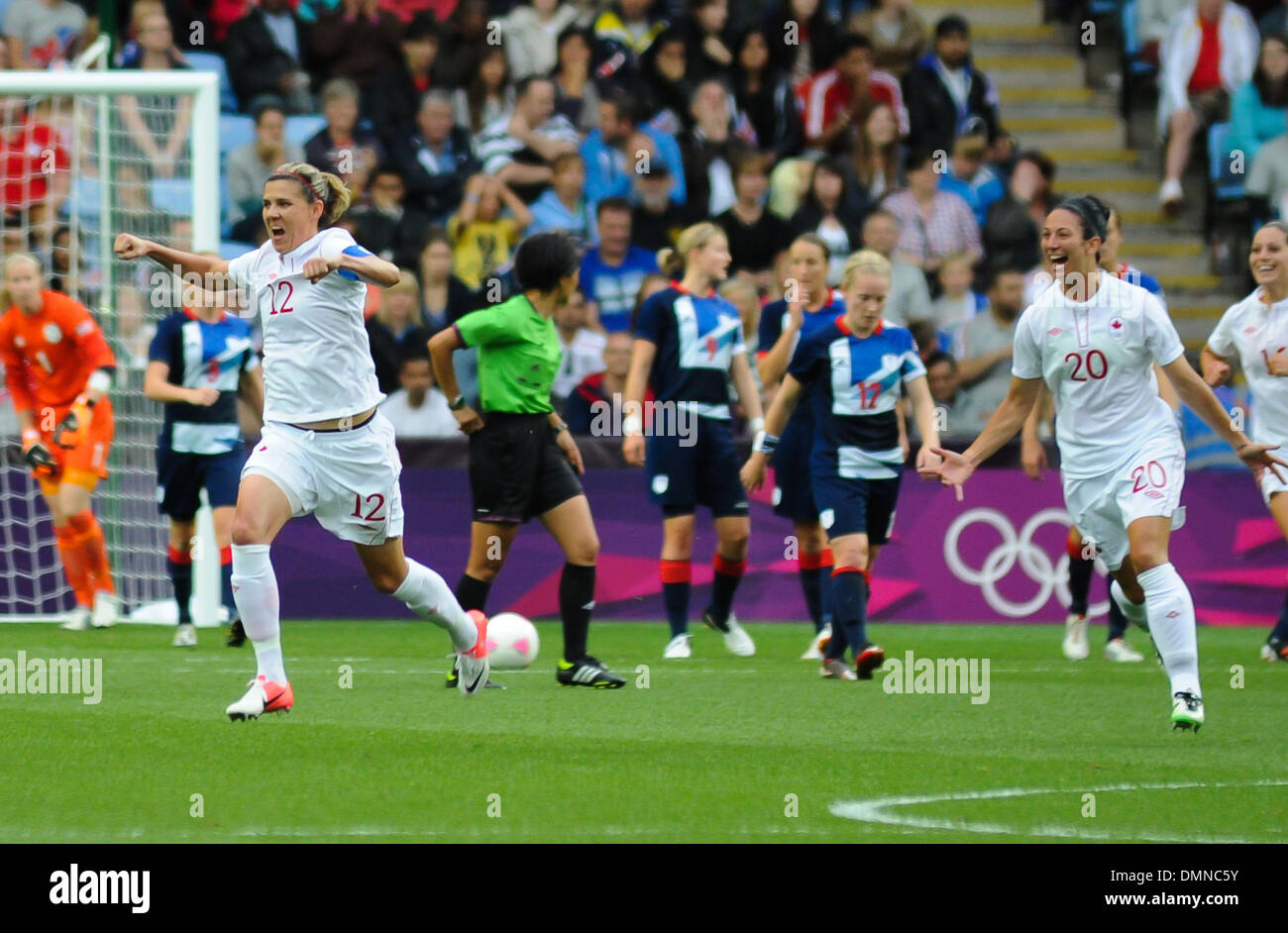 Christine Sinclair of (Canada) scores second goal London 2012 Olympic Games - Women's Football Quarter Final - Great Britain vs Stock Photo