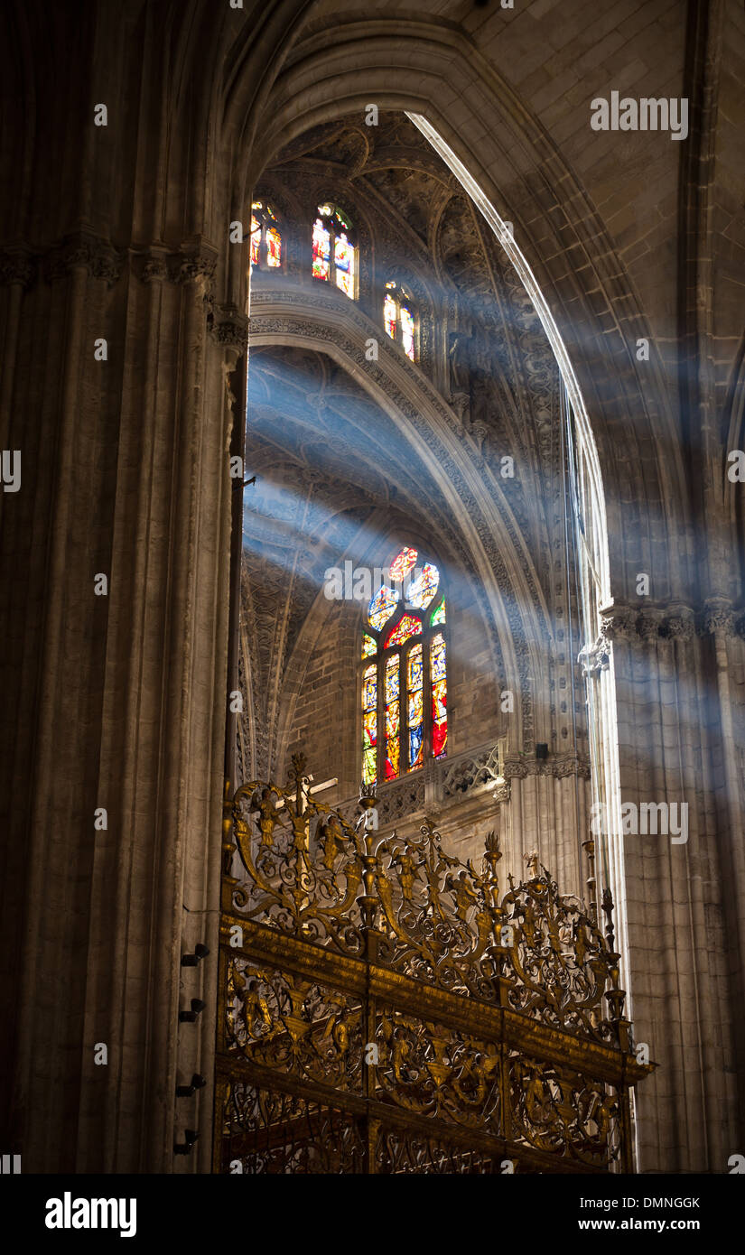 Sunbeams in Catedral de Sevilla (Catedral de Santa Maria de la Sede), Spain. Vertical shot Stock Photo