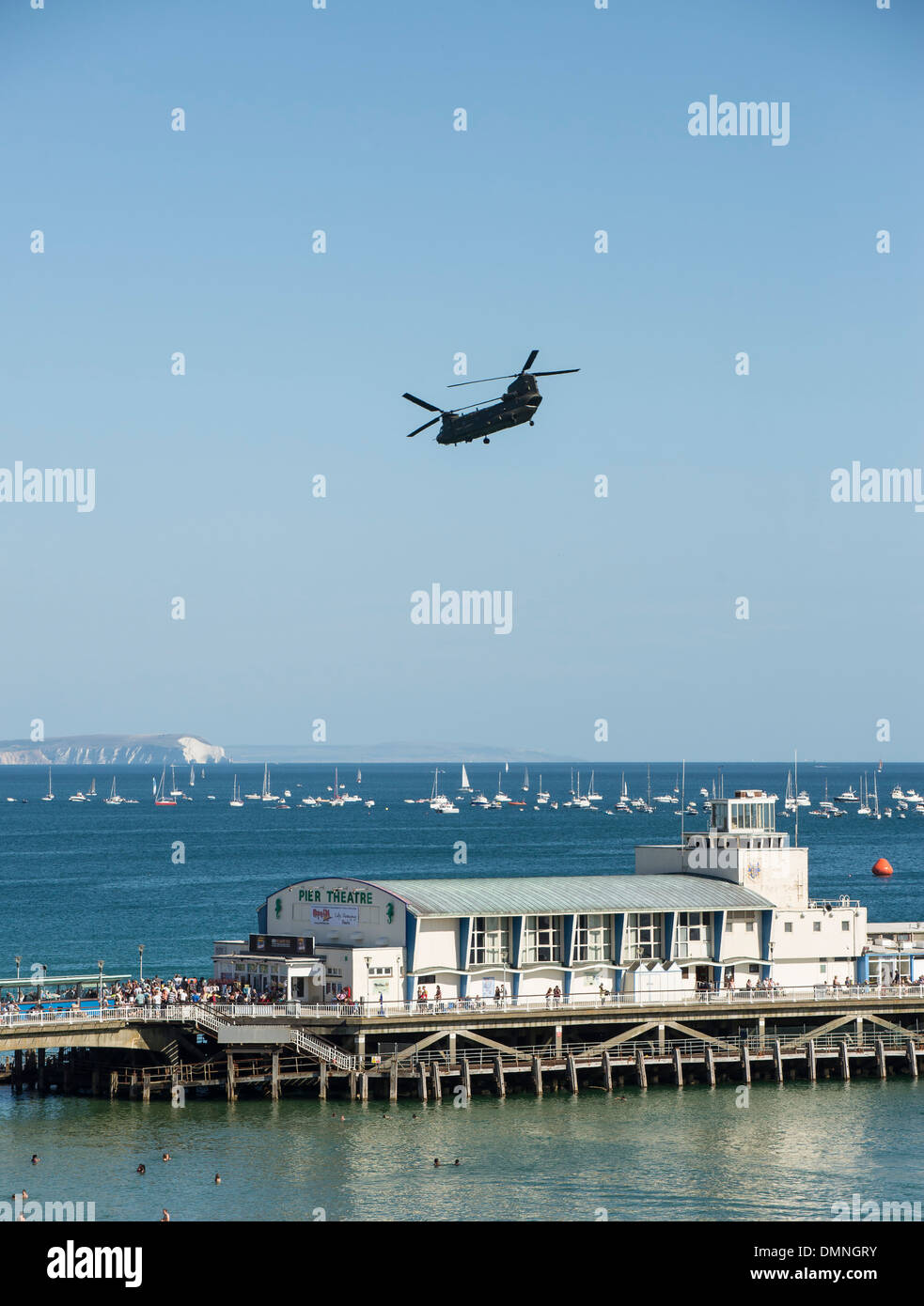 RAF Chinook helicopter over pier during Bournemouth Air Festival 2013. Stock Photo