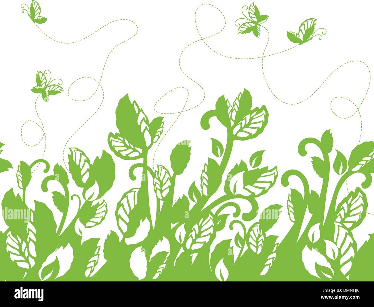 Seamless green foliage and butterflies border Stock Vector