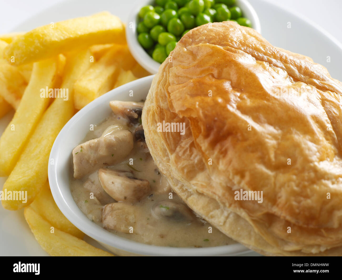 https://c8.alamy.com/comp/DMNHWW/mushroom-pie-pastry-top-chips-peas-pot-sauce-DMNHWW.jpg