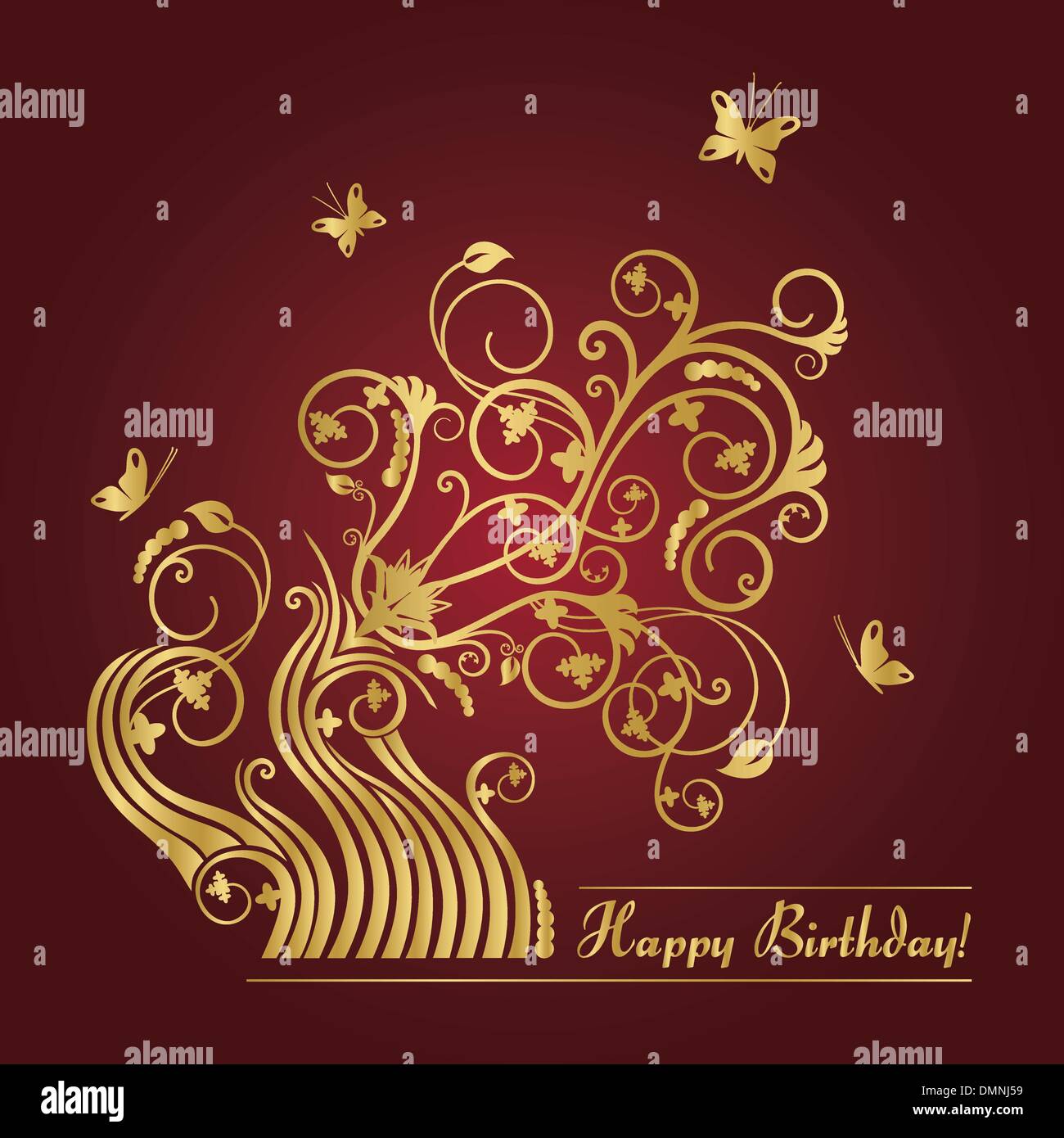 Red and gold flowers and butterflies birthday card Stock Vector