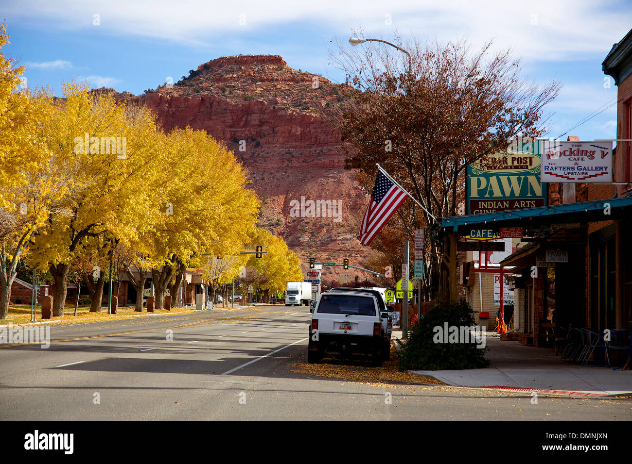 Trees, fall, main street in Kanab, town in Utah, UT, United States of America, USA, US Stock Photo