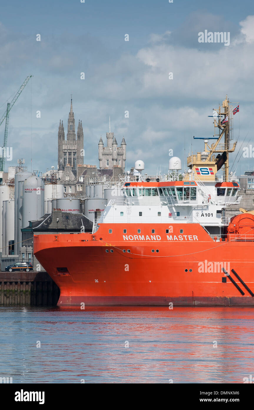 orange supply survey vessel aberdeen harbour north sea oil Stock Photo