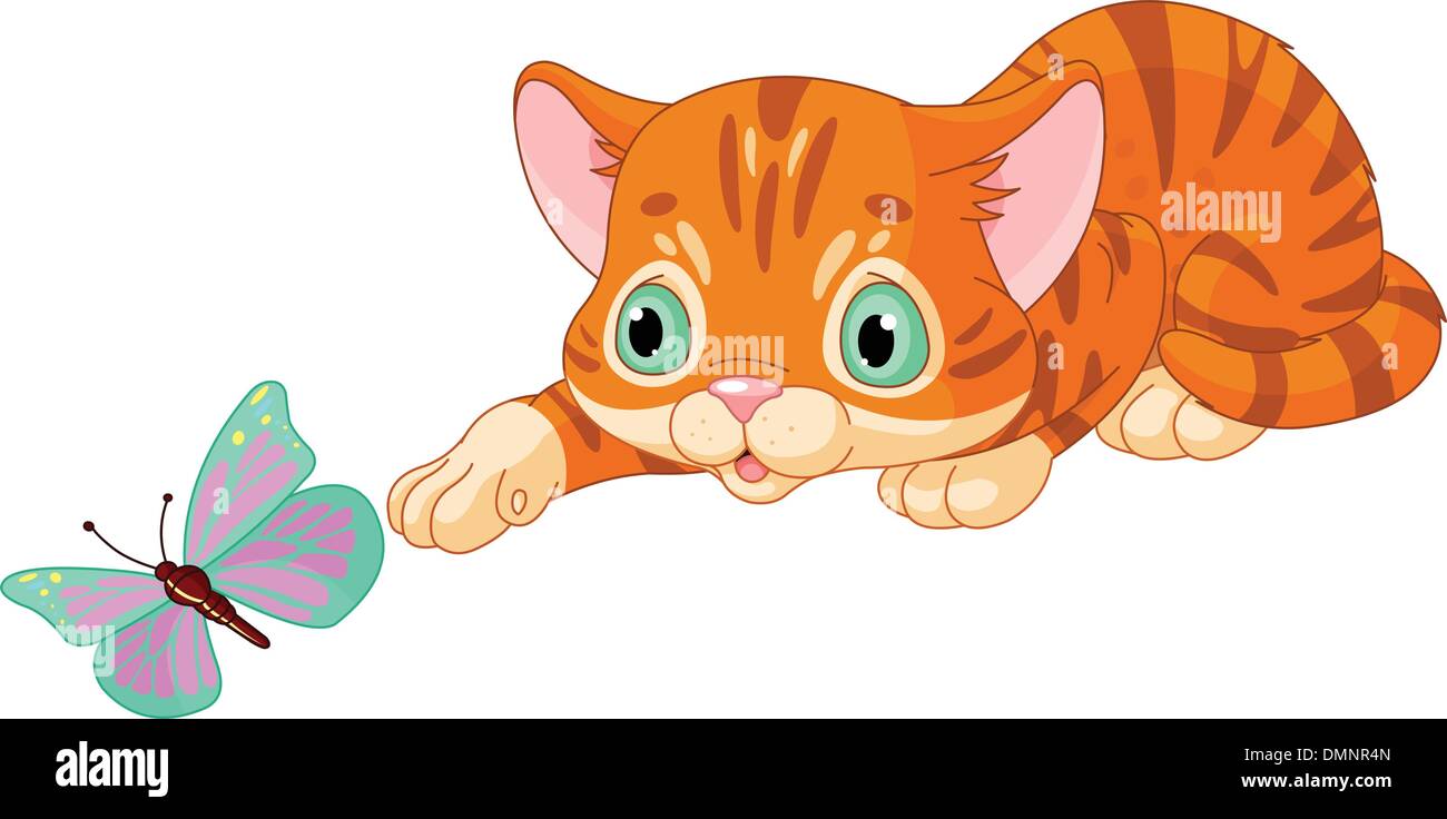 Kitten plays with the butterfly Stock Vector