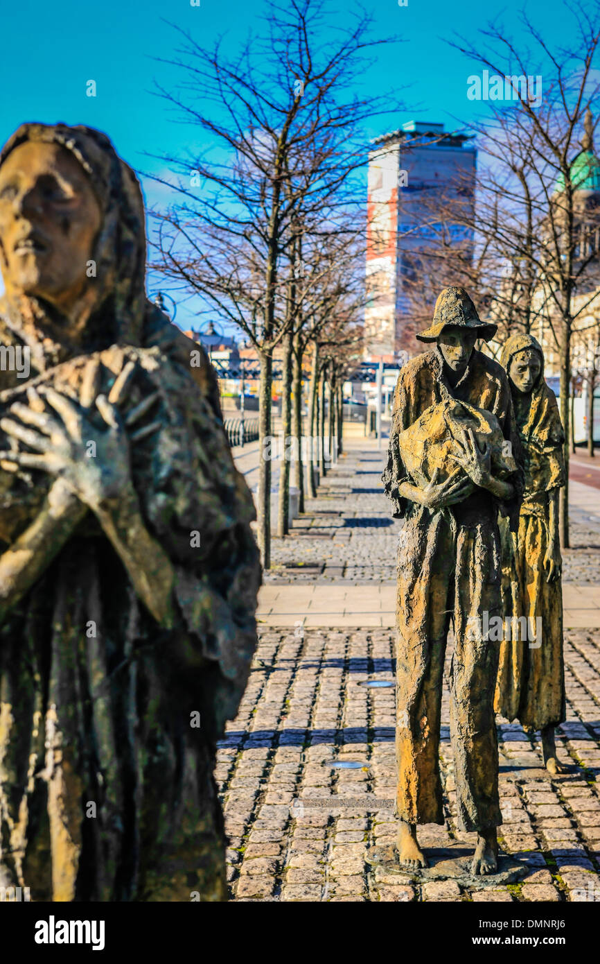 The Irish Famine Sculptures on Custom House Quay in Dublin Ireland
