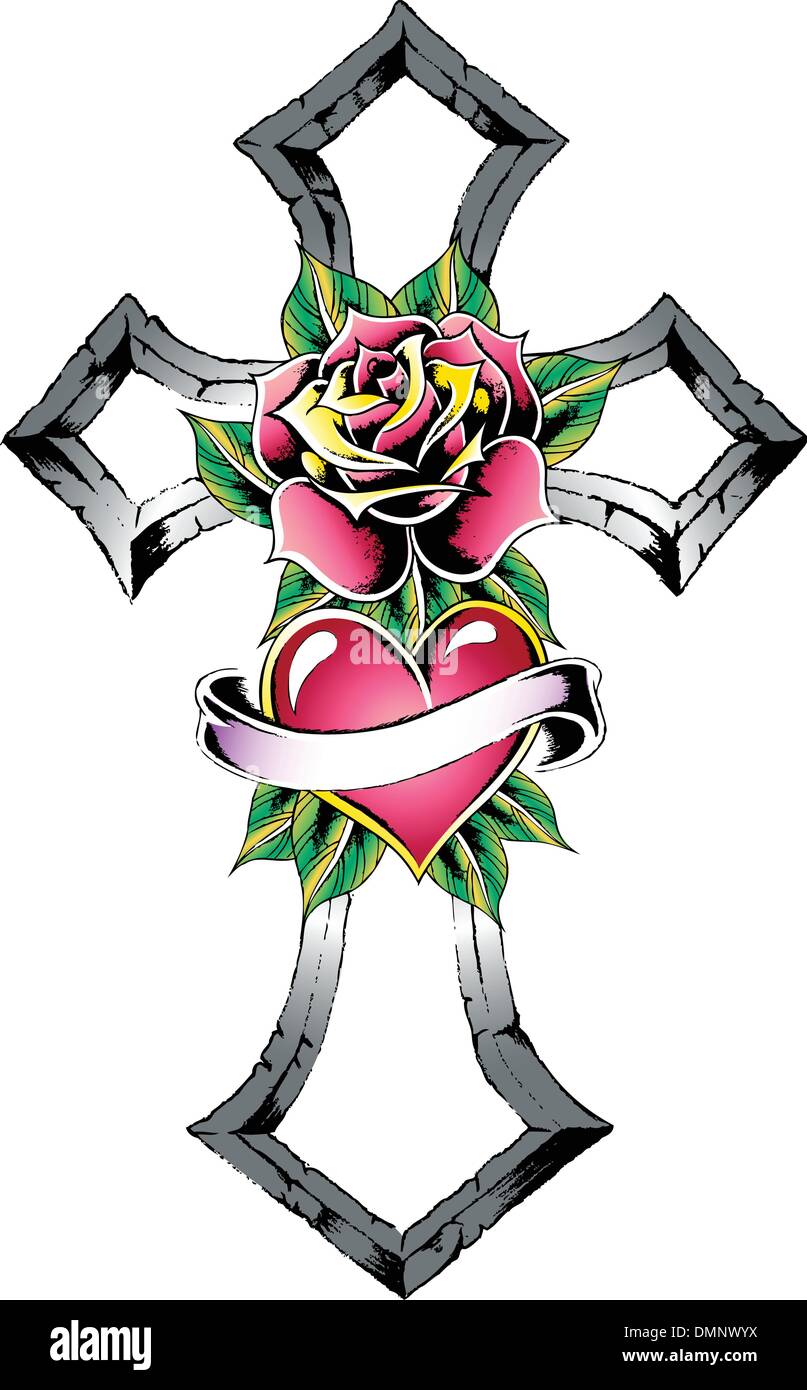 cross with rose tattoo Stock Vector
