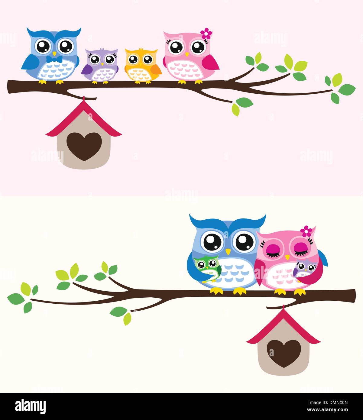 owl bird family at tree branch cartoon Stock Vector Image & Art - Alamy