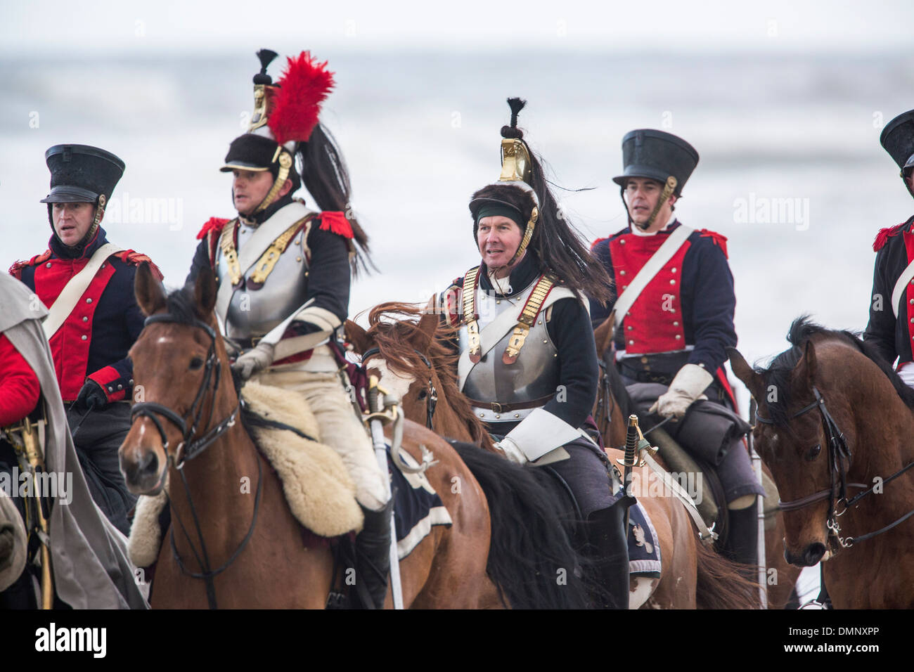 Netherlands, Scheveningen, bicentenary. Historic landing at Scheveningen beach. French army in traditional costume on horses Stock Photo