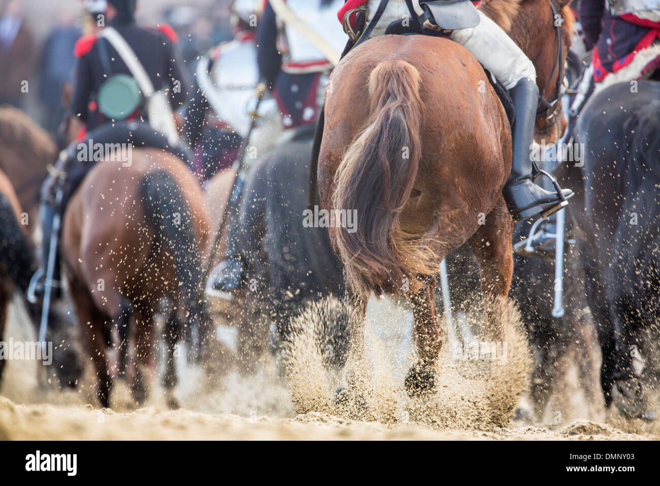 Netherlands, Scheveningen, bicentenary. Historic landing at Scheveningen beach. French army in traditional costume on horses Stock Photo