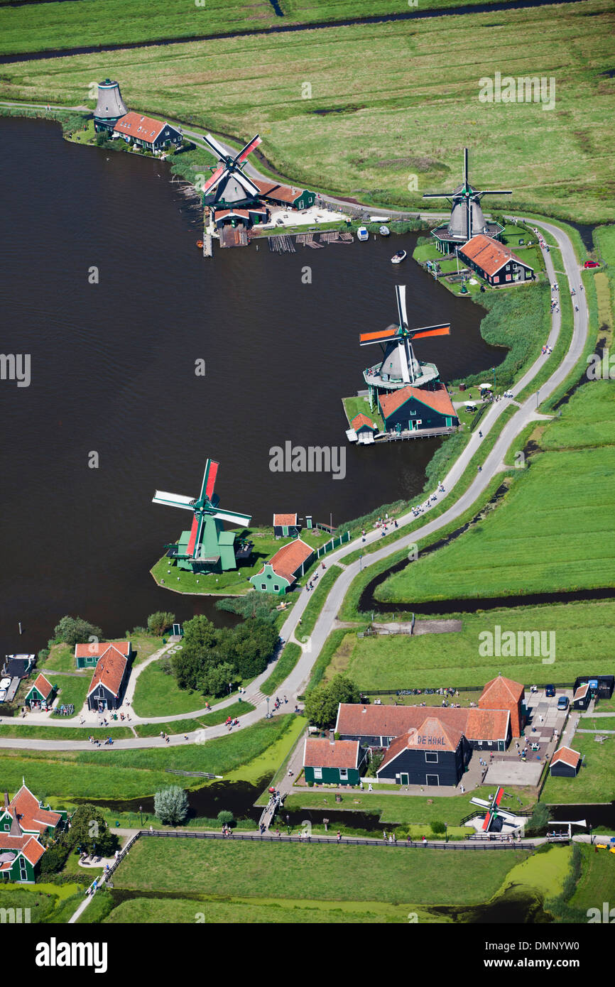 The Netherlands, Zaanse Schans. The outdoor museum has a collection of well-preserved historic windmills and houses. Aerial. Stock Photo