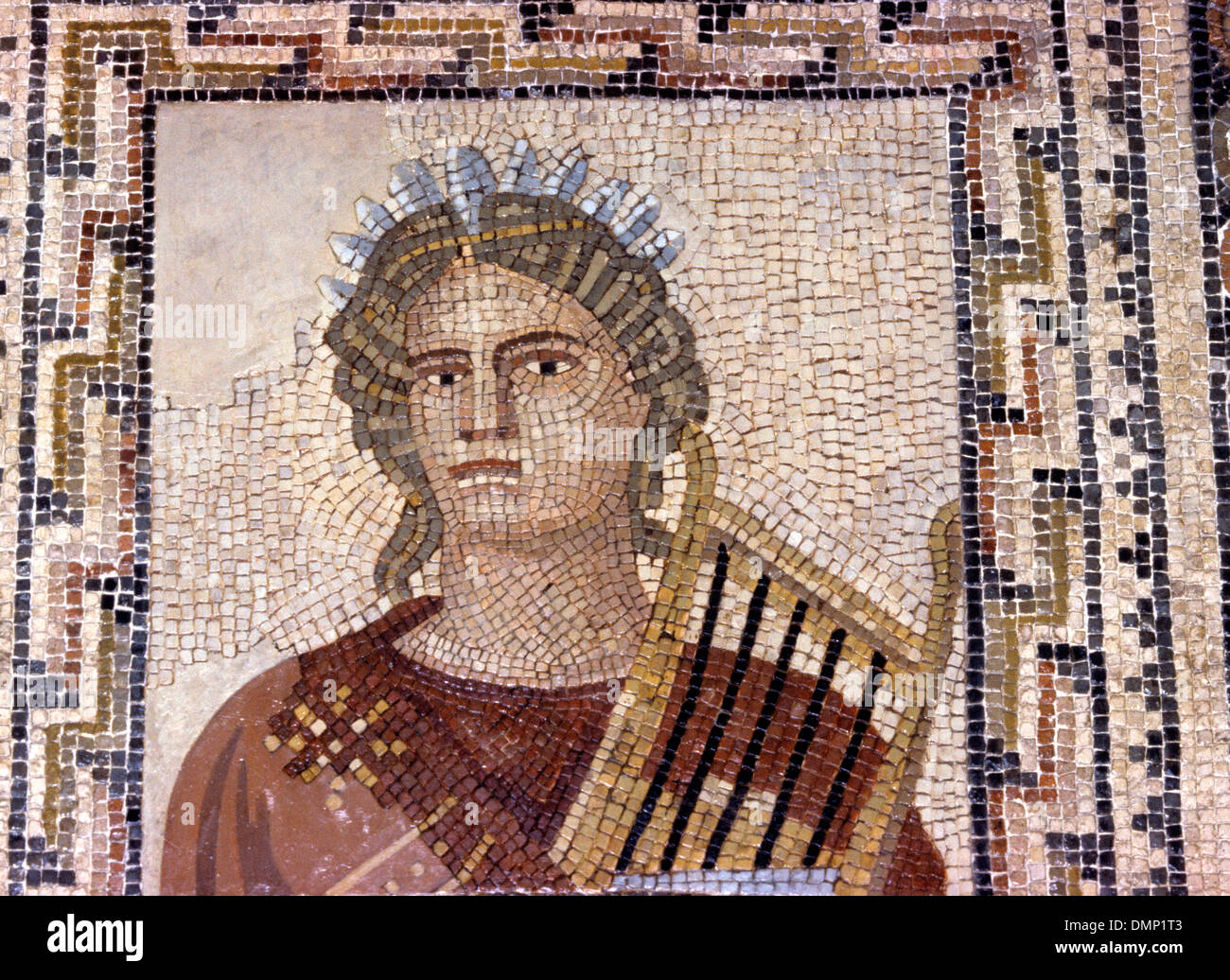 Romano-German period. Mosaic. Terpsichore, muse of lyric, poetry and dance, carrying cithara. Stock Photo