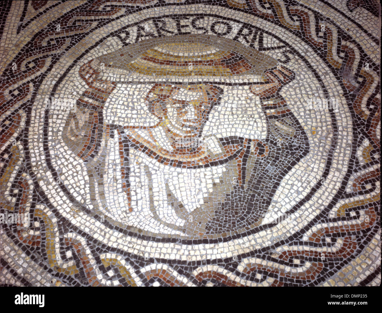 Trier, Leda mosaic Roman. 4th cent. AD. man carrying food on d dish on head. Stock Photo