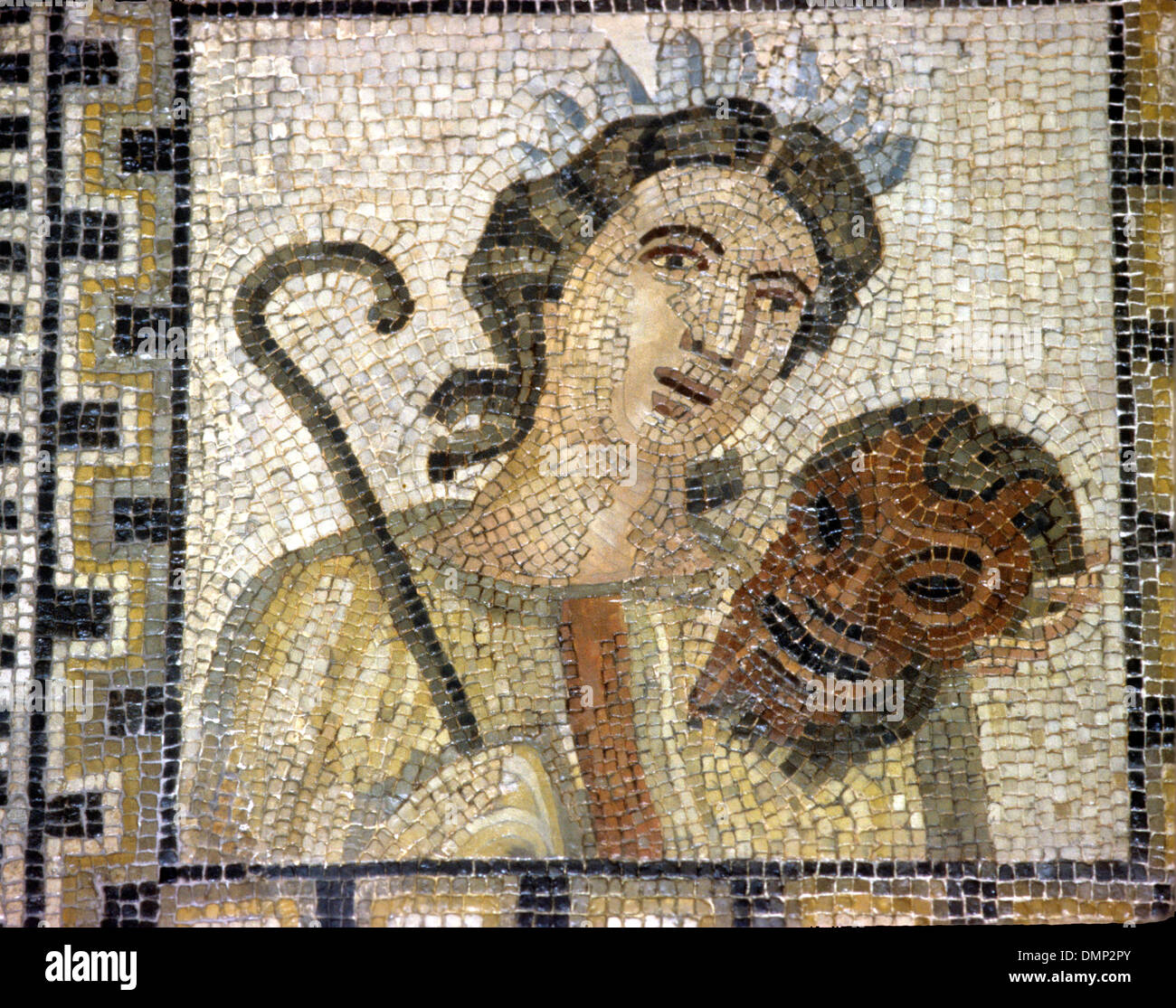 Romano-German period. Mosaic. Thalia, muse of Comedy, carries shepherd's staff and comic mask. Stock Photo