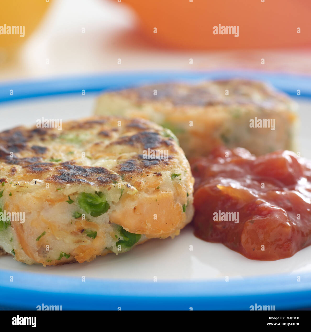 school dinner veggie burger with home made tomato  sauce Stock Photo