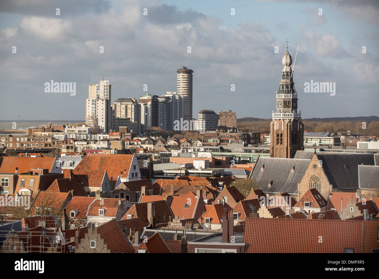 Netherlands, Vlissingen, Aerial view from Arsenaal Tower on historic city and present-day residential buildings. Stock Photo