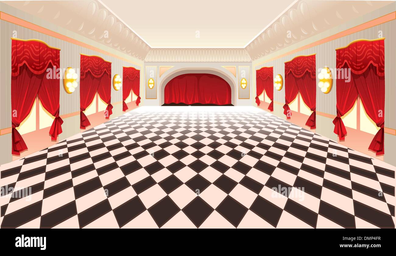 Interior with red curtains and tiled floor. Stock Vector