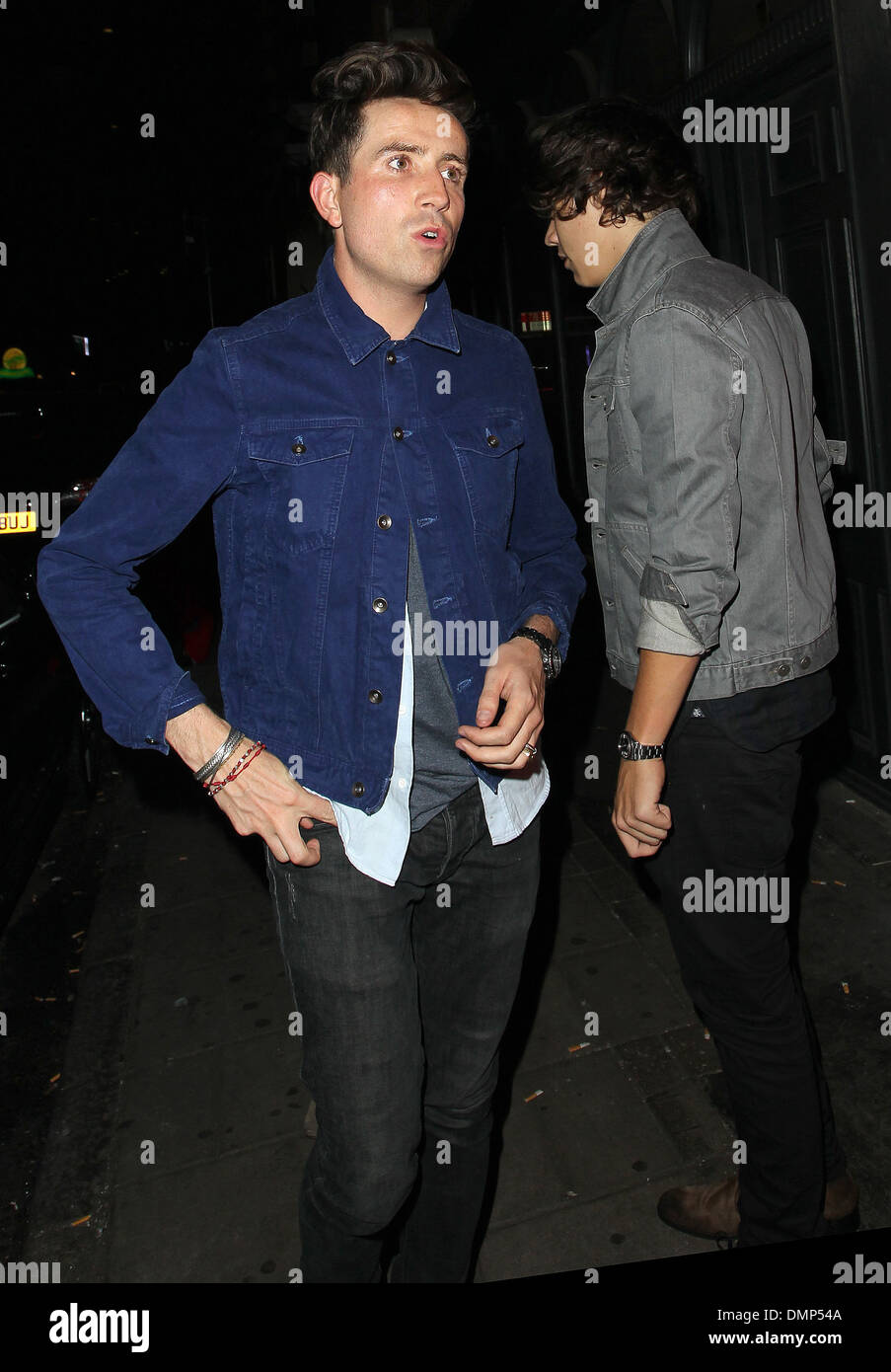 Nick Grimshaw and Harry Styles Radio 1 DJ Nick Grimshaw celebrates his birthday with friends by having a meal at La Bodega Stock Photo