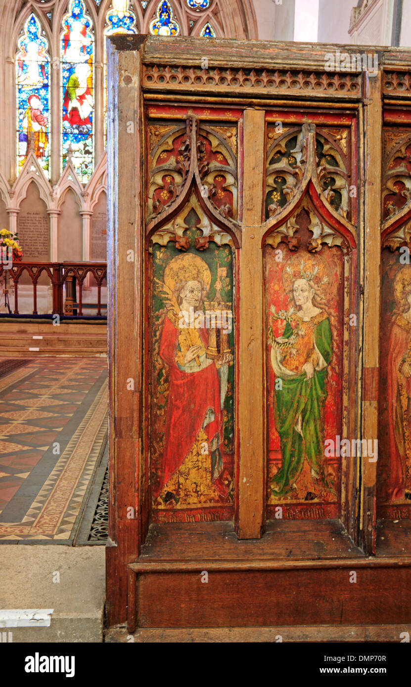 Panel details of the rood screen in the parish church of St Mary the Virgin at North Elmham, Norfolk, England, United Kingdom. Stock Photo