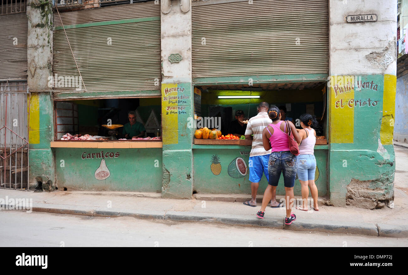 Meat, fruit and vegetable shop in Havana, Cuba Stock Photo