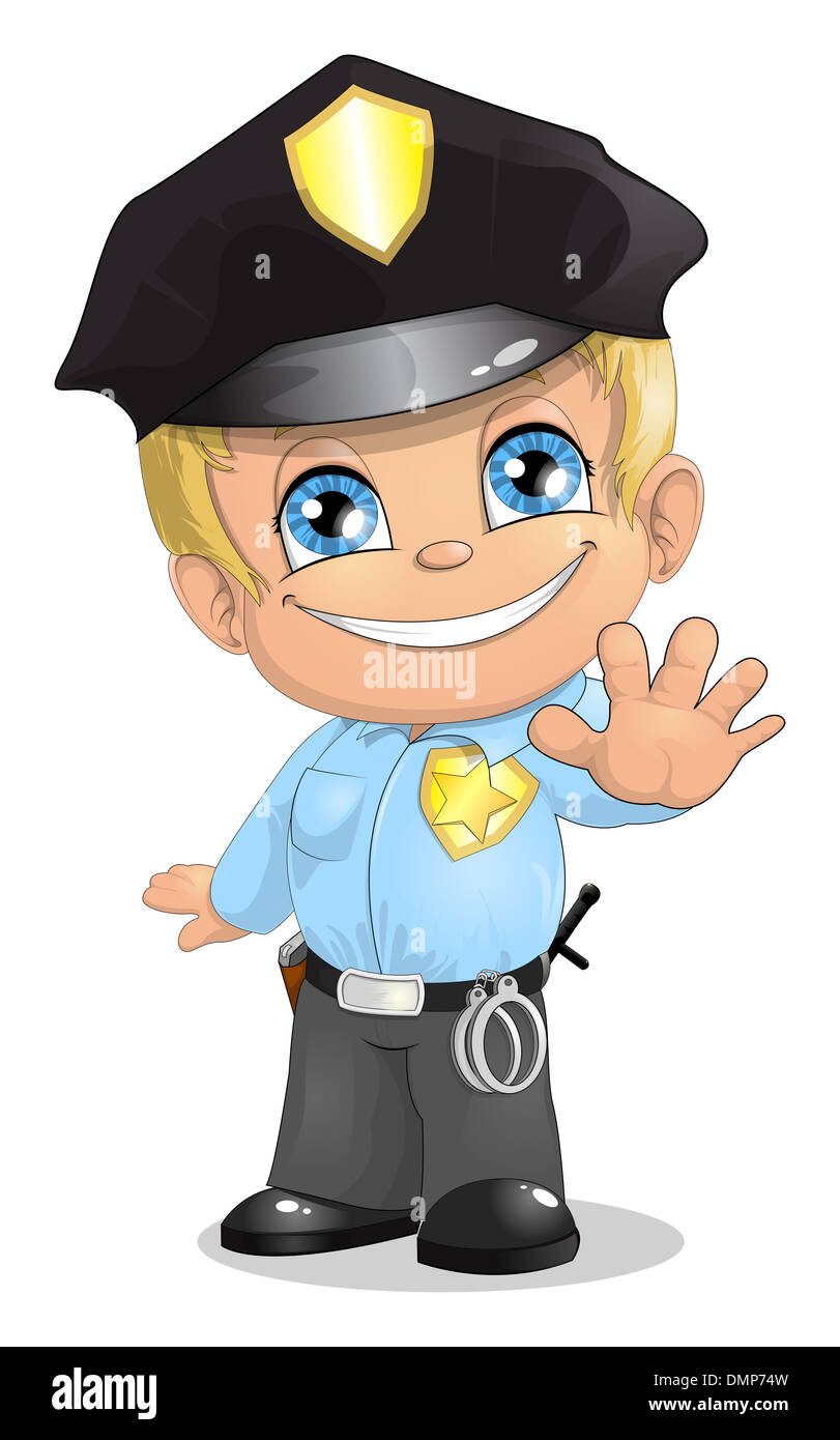the kid in a suit of the police officer Stock Photo