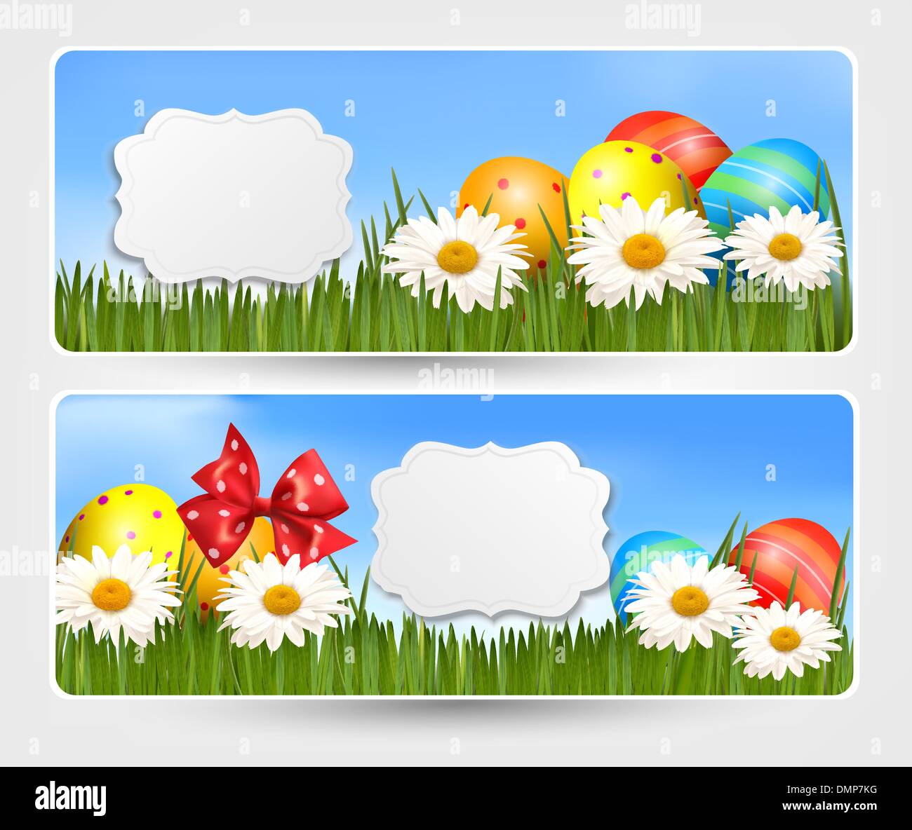 Easter banners with Easter eggs and colorful flowers. Vector ill Stock Vector