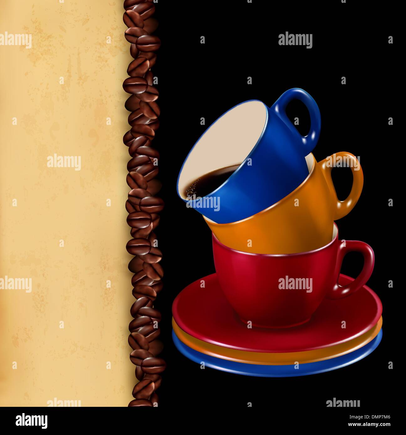 Background with colorful cups of coffee and old paper. Vector il Stock Vector
