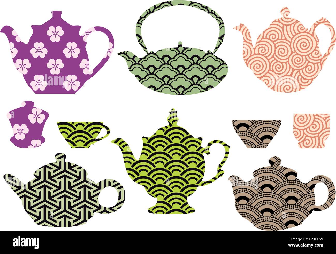 tea pots and cups with asian pattern, vector Stock Vector