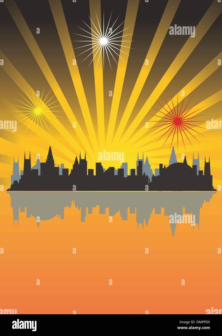 Megacity in beams of the coming sun, sunset Stock Vector