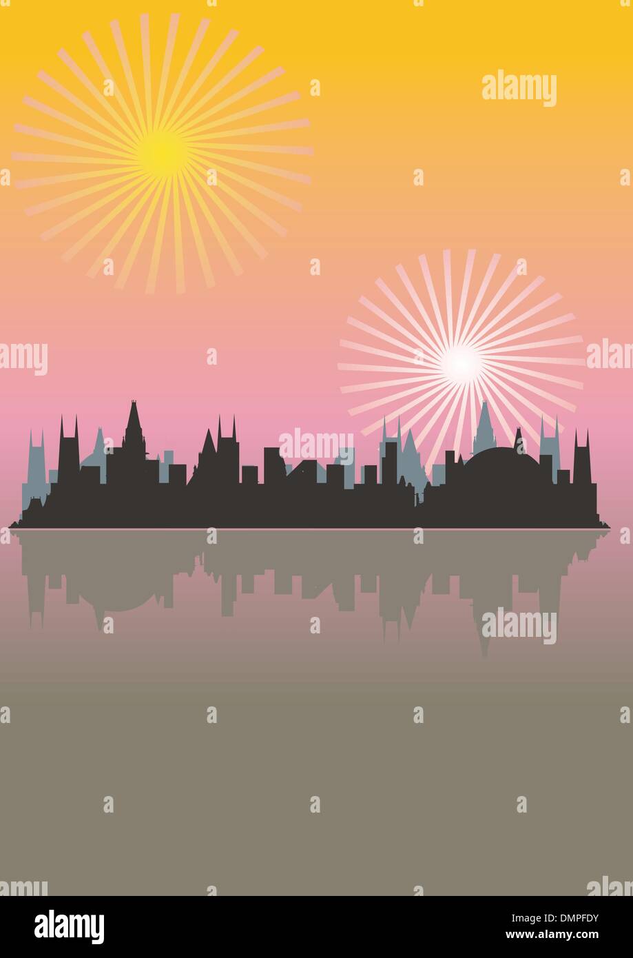 Megacity in beams of the coming sun, sunset Stock Vector