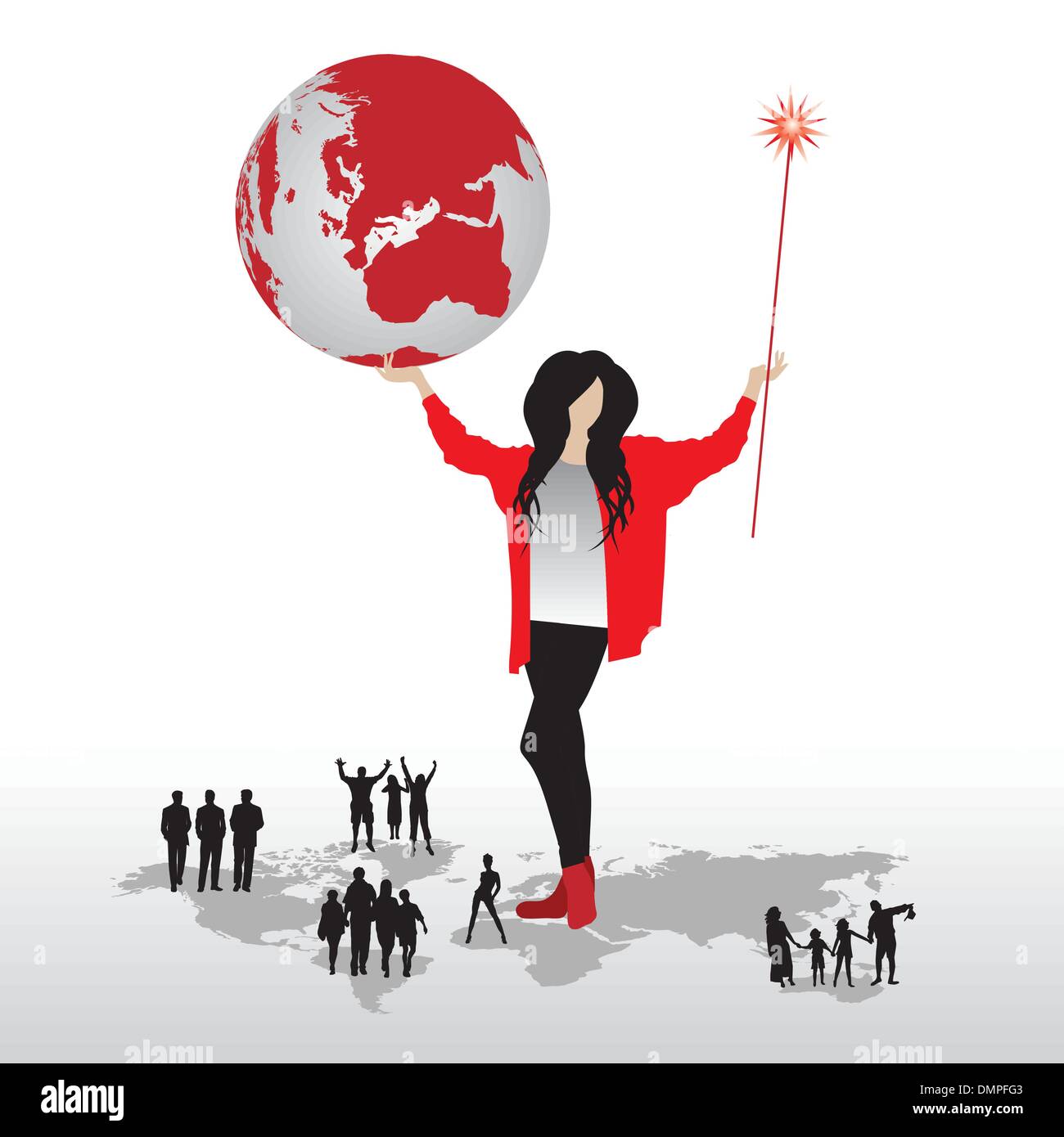 Woman with globe, silhouettes of people on word map Stock Vector