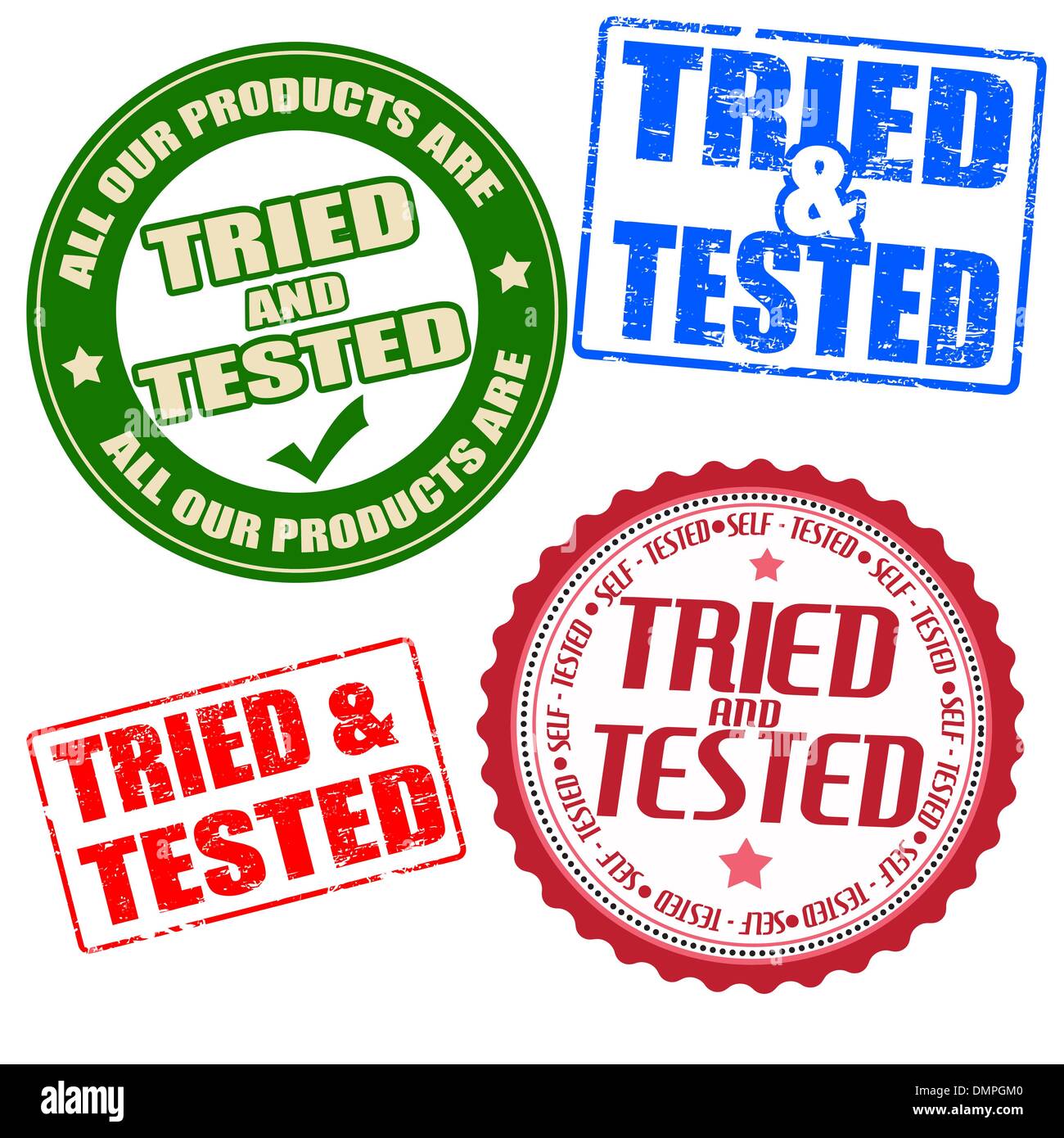 Set of self tried and tested stamps and labels Stock Vector