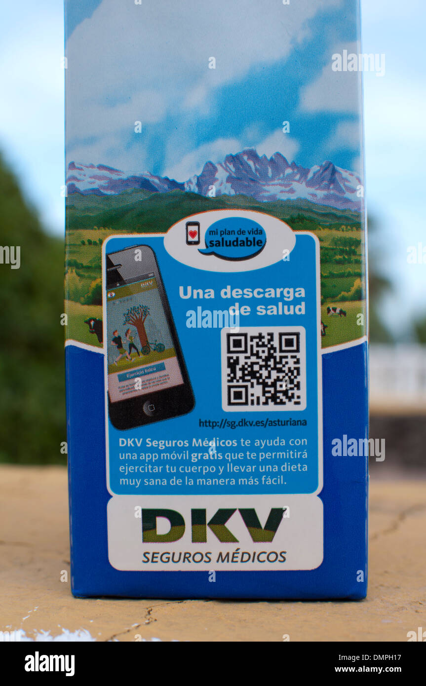 QR code on carton of semiskimmed milk, Fuerteventura, Canary Islands