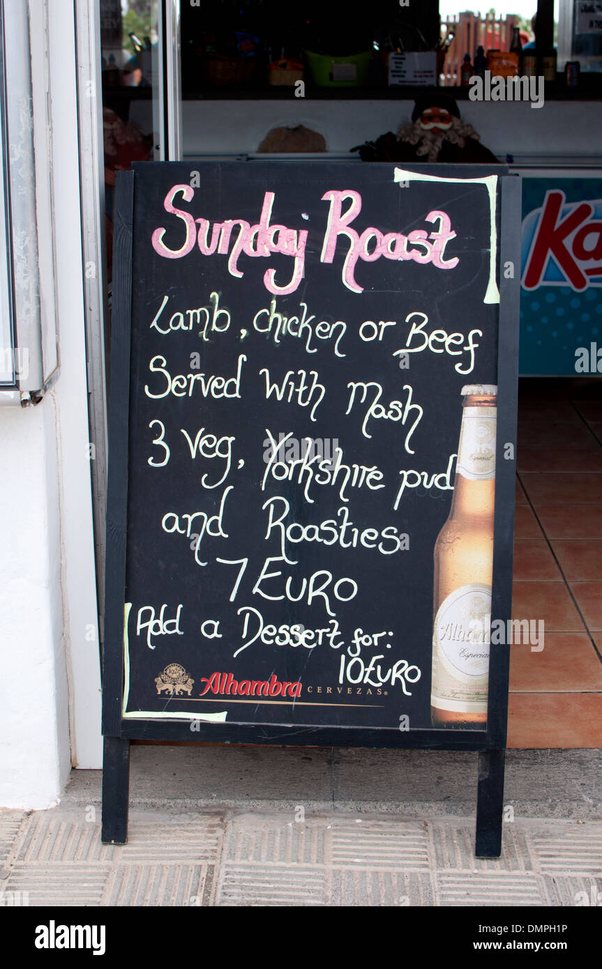 Sunday roast sign, Caleta de Fuste, Fuerteventura, Canary Islands. Stock Photo