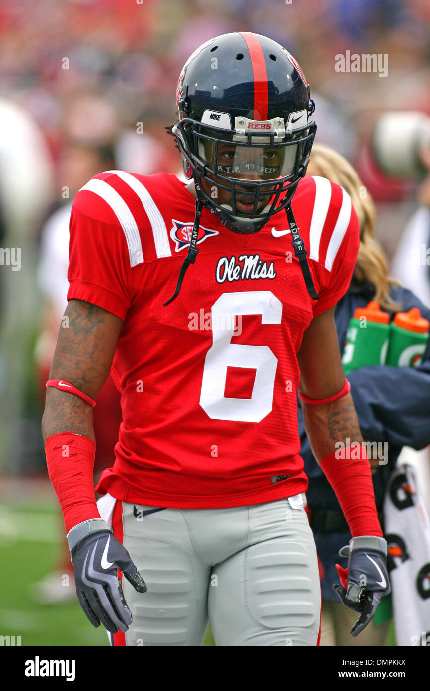 Oct. 10, 2009 - Oxford, Mississippi, U.S - 10 October 2009:  Ole Miss CB Jeremy Mcgee (6).  The Alabama Crimson Tide defeated the Ole Miss Rebels 22 - 3 at Vaught/Hemingway Stadium in Oxford MS. (Credit Image: © Spruce Derden/Southcreek Global/ZUMApress.com) Stock Photo